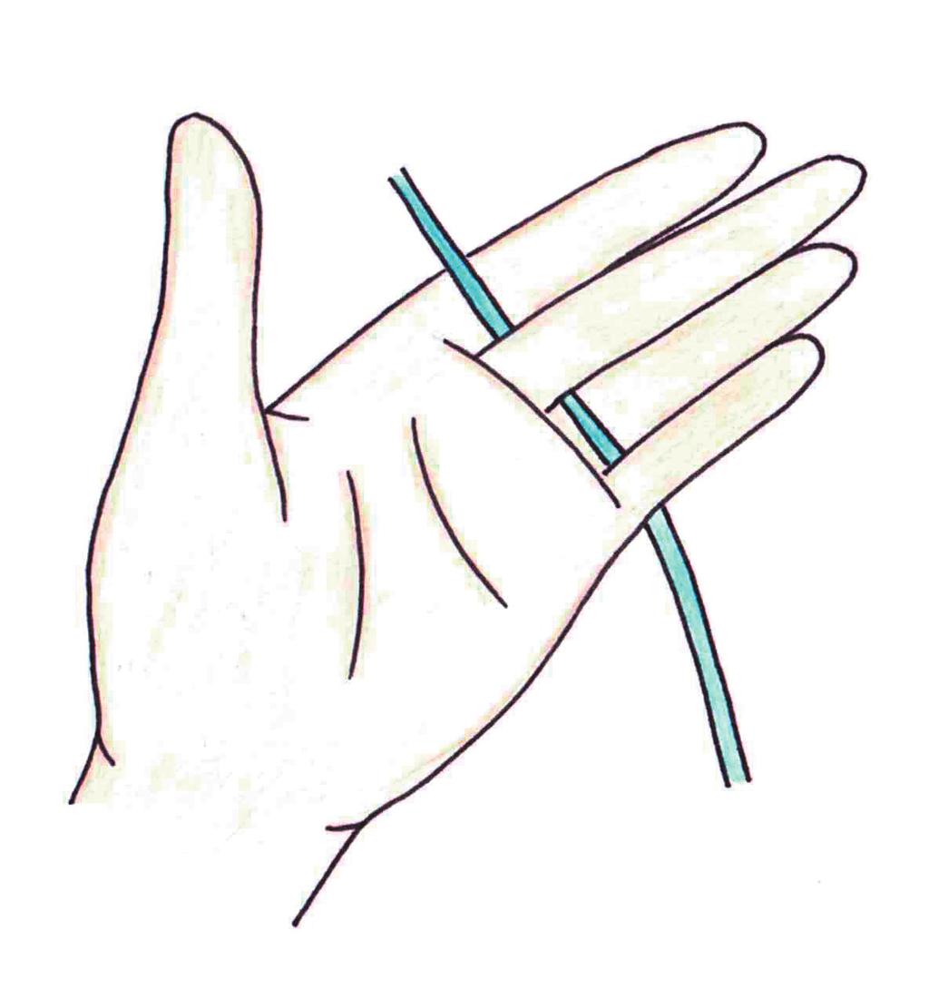 Fingerstricken 1) Lege den Faden wie auf dem Bild oben zwischen Zeigefinger, Mittelfinger, Ringfinger und kleinen Finger. 2) Führe den Faden entgegengesetzt zwischen deinen Fingern zurück.