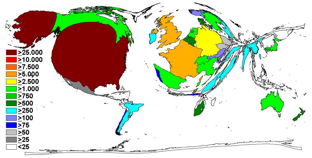 Ergebnisse Alle Anteile der Weltkarte, die in unterschiedlichen Blau- und Grautönen eingefärbt sind, zeigen weniger als 500 Gesamtzitate und werden entsprechend stark verkleinert dargestellt.