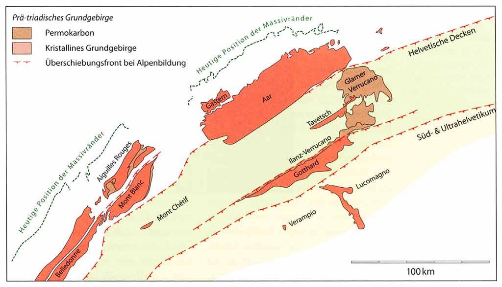 Ablagerungsraum des Verrucano zur Permzeit Rote Verrucanoblöcke im Sernf Zwischen dem Aar- und dem Gotthardmassiv entsteht am Ende der variskischen Auffaltungen ein etwa 50
