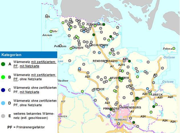 Wärmenetzkarte Schleswig-Holstein Wärmenetze sind hoch zukunftsflexibel - offen für alle Effizienztechnologien und den großvolumigen Einsatz von EE Wärmenetze in Kombination mit großen Wärmespeichern