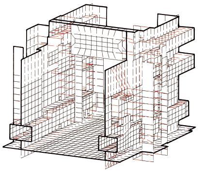 Aus der grafischen Darstellung des räumlichen Systems für das Unterhaupt ist ersichtlich, daß aus dem Zusammenwirken von Bauteilen unterschiedlicher Geometrie sowie unsymmetrischer Belastungen nur