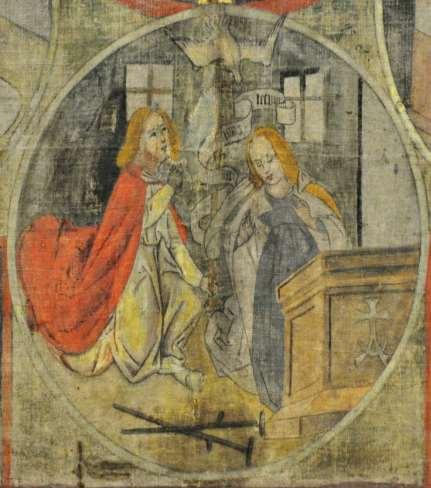 Maria kniet, in blauem Kleid und weissem Mantel. Links beugt ein Engel sein rechtes Knie. Er schaut zur in der Mitte herabschwebenden Taube, die den Heiligen Geist symbolisiert.