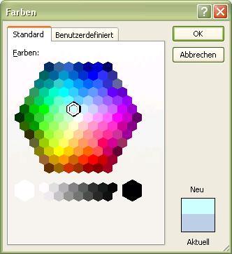7 Das Dialogfeld Farben wird eingeblendet. 6. Klicken Sie auf das Register Standard. 7. Wählen Sie eine Farbe. 8. Klicken Sie auf OK.