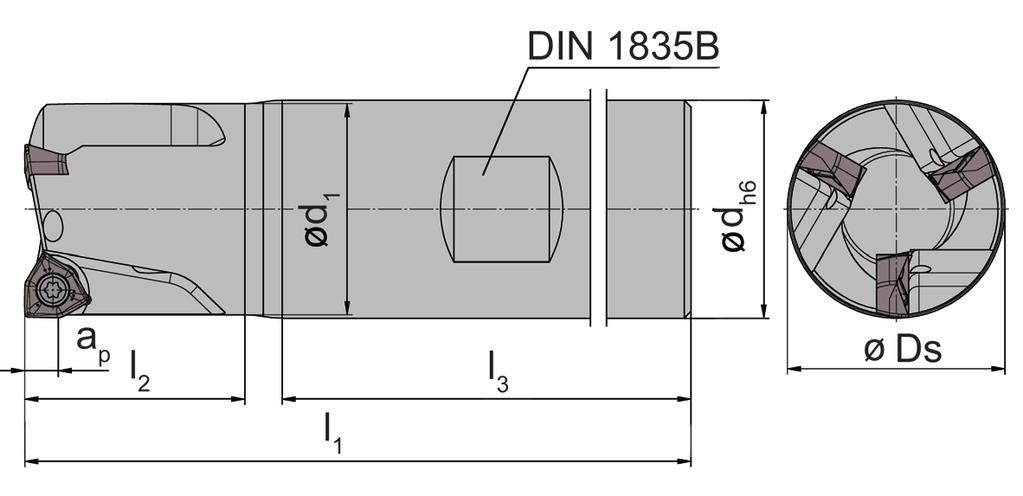 Fräserschaft Typ Shank Type DAM32 Schneidkreis-Ø Cutting edge Ø 16/20/25/32 mm Schaftmaterial: Stahl (nicht schrumpfbar) Material of shank: Steel (not recommended for shrink fitting) für