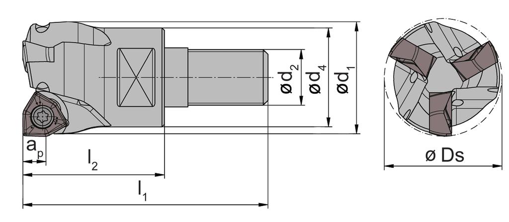 Einschraubfräser Typ Screw-In Cutter Type DAM32 Schneidkreis-Ø Cutting edge Ø 16/20/25/32 mm Schaftmaterial: Stahl Material of shank: Steel für Wendeschneidplatte for use