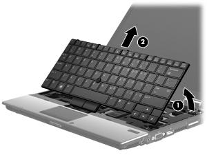13. Heben Sie vorsichtig die hintere Kante der Tastatur (1) an, und ziehen Sie die Tastatur nach unten ab (2).