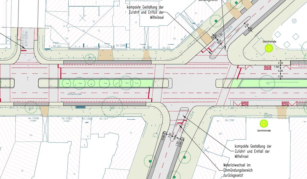 Auswirkungen des Planungen Müllerstraße auf das Umfeld Folie 28 Wichtige Planungsgrundsätze Müllerstraße: Einordnung von Bordvorstreckungen an Querungsstellen: Sicherung vor Parken, Einordnung der