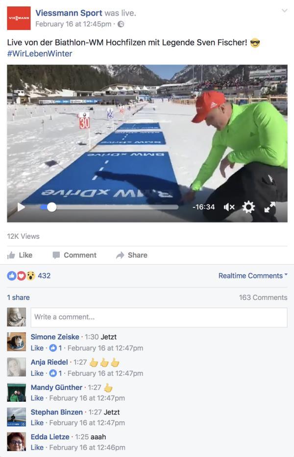 Beispiel Wintersport Erfolgsfaktoren FACEBOOK LIVE In regelmäßigen Facebook Live Sessions bietet Viessmann spannende live Einblicke