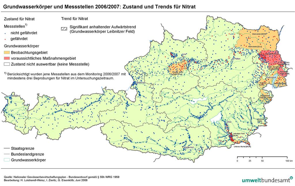 Neunter Umweltkontrollbericht Wasser und Wasserwirtschaft Abbildung 1: Auswertung der Nitratbelastung von Grundwasserkörpern und Messstellen 2006/2007.