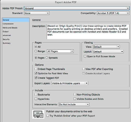 2. Ansichts-PDF erstellen (Indesign 5.5 und älter) Über File > Export oder den Shortcut Cmd/Strg + E in die Export-Maske. Speicherort wählen und im Dropdown PDF Print wählen.