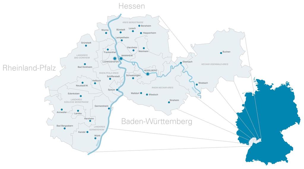 Metropolregion Rhein-Neckar Seit 2005 Europäische Metropolregion: Staatsvertrag Ba-Wü, RLP, Hessen