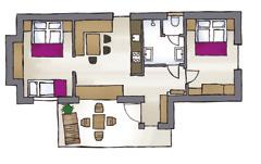 18 Garderobe, Wohnraum mit Küche, 1 Doppelzimmer, 1 Dreibettzimmer, Schlafcouch, Badezimmer, 1 WC