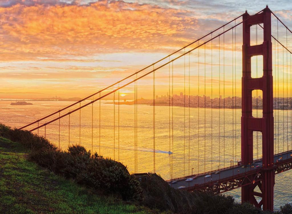INHALT Oben: California Dreamin : Durch einen Pfeiler und die Kabel der Golden Gate Bridge geht der Blick auf die Skyline von San Francisco. Bilder auf den vorherigen Seiten: S.