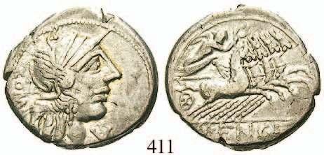 , dahinter X / ROMA Dioskuren reiten r. Cr.53/2; Syd.229. ss 120,- 413 M. Sergius Silus, 116-115 v.chr. Denar 116-115 v.