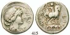 ss 110,- 406 M. Atilius Saranus, 148 v.chr. Denar 148 v.chr., Rom. 4,04 g. Behelmter Kopf der Roma r.