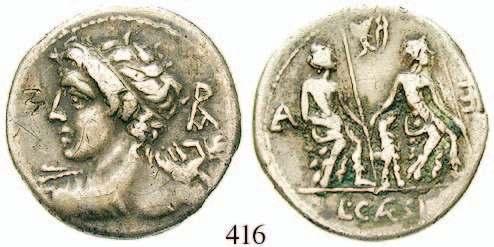 ss+ 180,- 407 Anonym, 143 v.chr. Denar 143 v.chr., Rom. 3,72 g. Behelmter Kopf der Roma r.