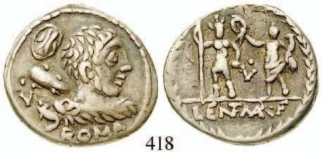 Aemilius Lepidus, 114-113 v.chr. Denar 114-113 v.chr., Rom. 3,83 g. Büste der Roma r.