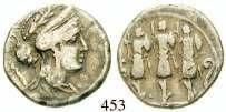 Bankmarke auf Vs., ss 120,- 452 Denar 59 v.chr., Rom. 3,61 g. Kopf des Saturn r. dunkle Tönung, ss 120,- 453 Faustus Cornelius Sulla, 56 v.chr. Denar 56 v.chr., Rom. 2,85 g.