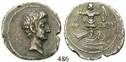 RPC 517; SNG Cop.703. schwarzgrüne Patina, sehr selten, gute Erhaltung für diesen Typ. s-ss 690,- 481 Octavian, 44-27 v.chr. Denar 36 v.chr., Heeresmünzstätte.
