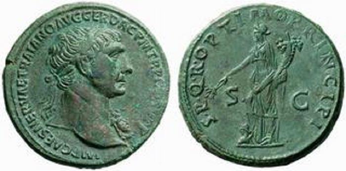 Lot number: 155 Price realized: 1,700 CHF TRAIANUS, 98-117 No: 155 Rufpreis/Start price CHF 1500.- d=35 mm TRAIANUS, 98-117 AE-Sesterz. 24,74 g. 104.