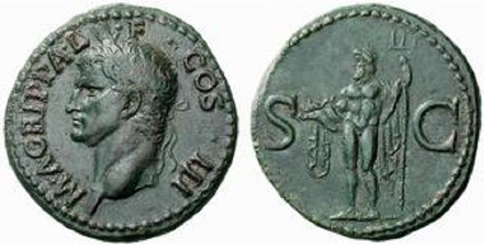 Vorzüglich Lot number: 132 Price realized: 2,200 CHF AGRIPPA, + 12 v. Chr. No: 132 Rufpreis/Start price CHF 2000.- d=30 mm AGRIPPA, + 12 v. Chr. Schwiegersohn des Augustus. Unter Caligula, 37-41.