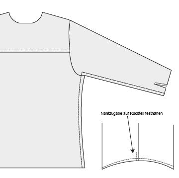 73. Wende das Oberteil und die Ärmel auf rechts und stecke die Ärmel- bzw. Seitenkanten zusammen. Nähe in einem Rutsch vom Ärmel- zum Hemdsaum.