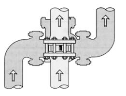 Die folgenden Zeichnungen zeigen eine horizontale Rohrleitung (von oben gesehen) mit zweiflügeliger Rückschlagklappe