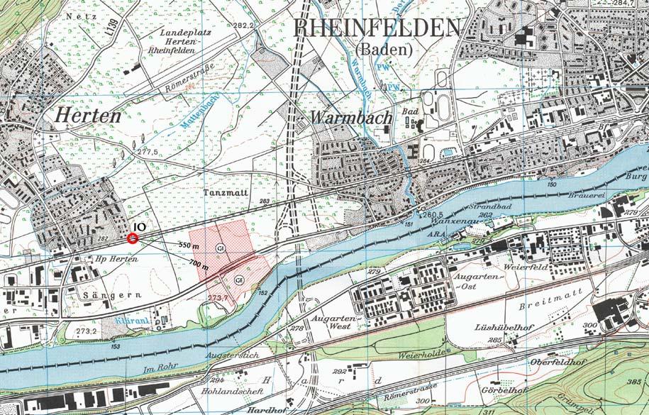 ABBILDUNG 9: Lage des Gewerbe- und des Industriegebietes (rot unterlegt). Basis: TK 8412, 1:25'000, Ausgabe 2004.