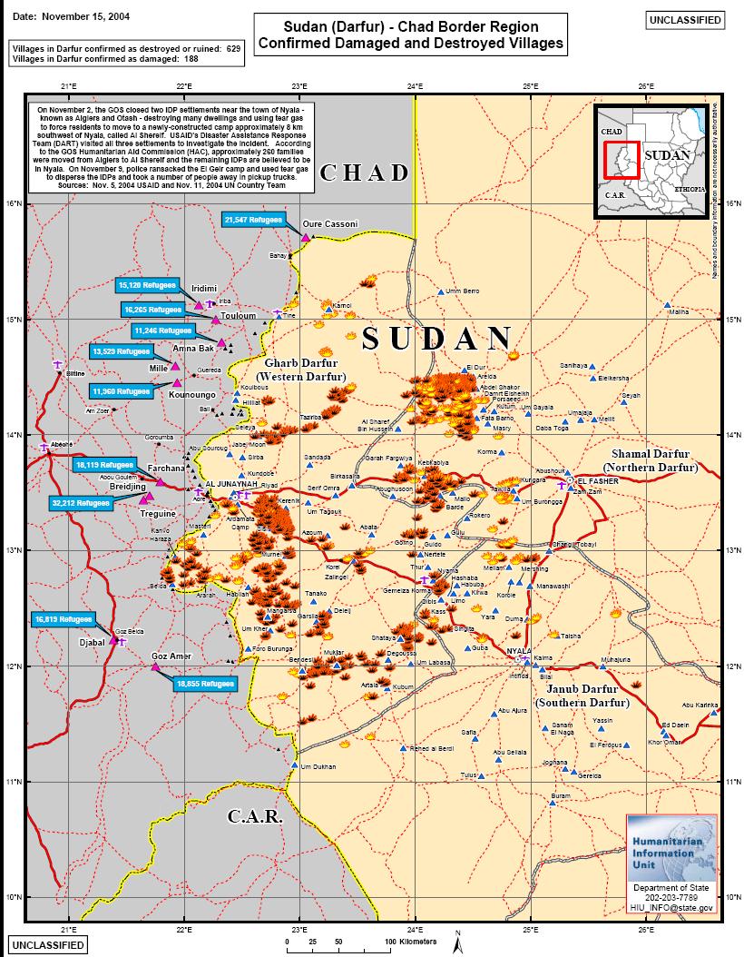- 8 - Einen Überblick über zerstörte Dörfer in Darfur gibt folgende Karte des Reliefweb 13 : Quelle: Reliefweb / Darfur Humanitarian Information Centre: Maps (United