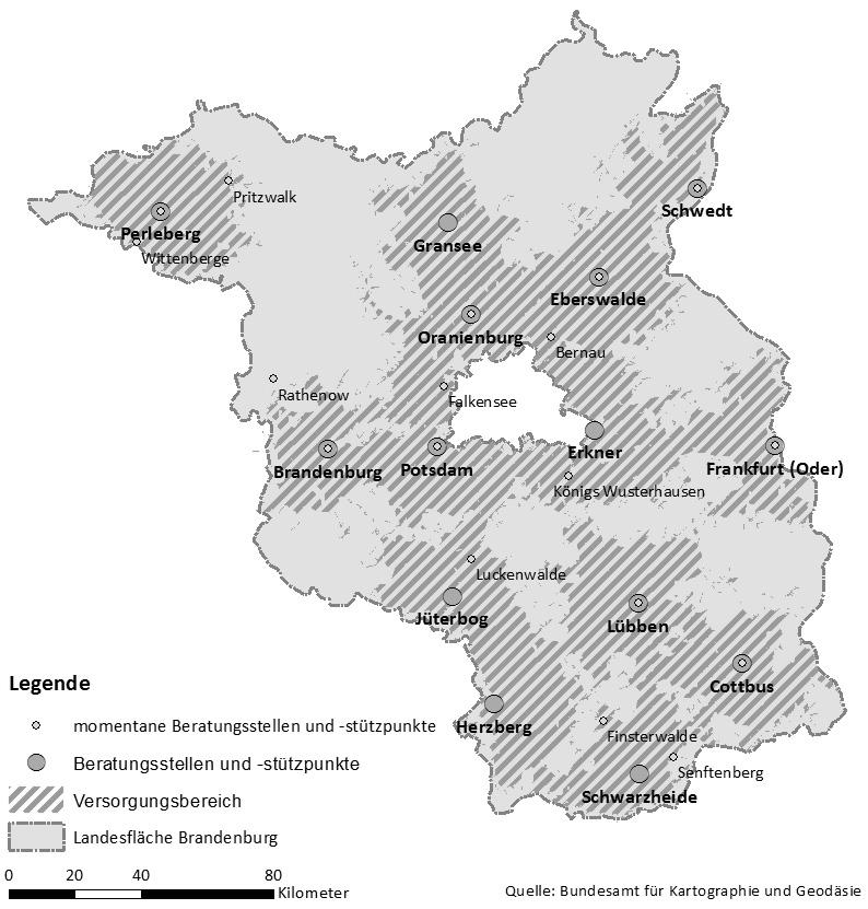Erreichbarkeitsanalyse von Beratungsstellen der Verbraucherzentrale Brandenburg 217 3.2.3 Szenario für 14 definierte Standorte Quelle: BKG (2014) Abb.