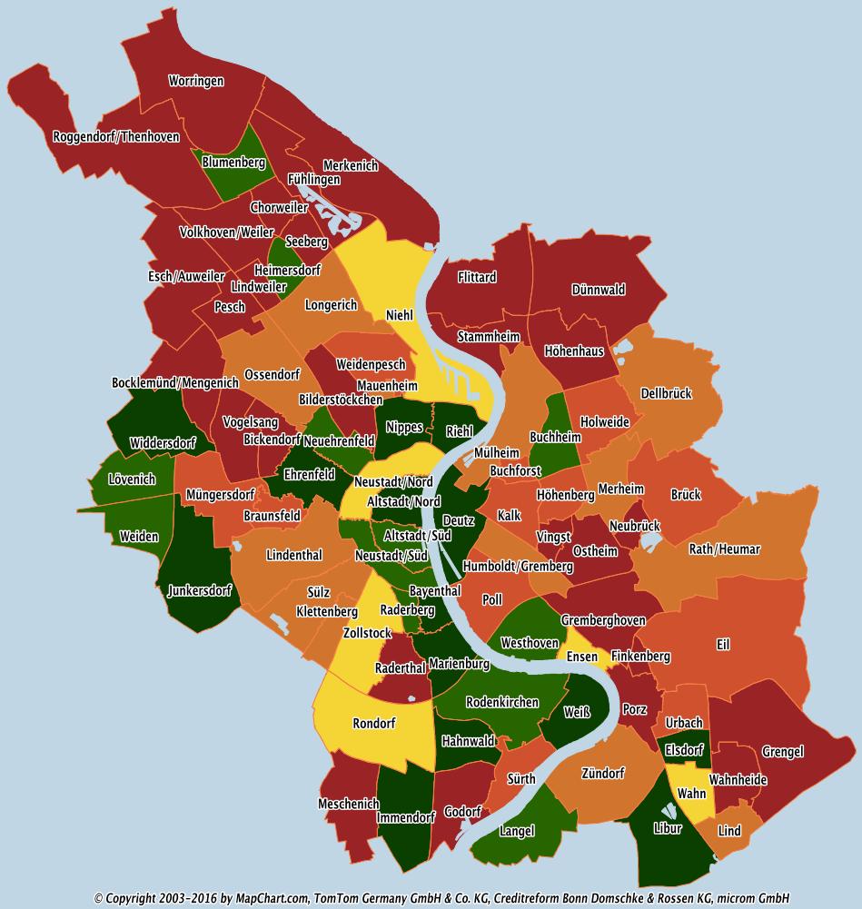 Karte 9: Änderung der Schuldnerquoten in den Stadtteilen von Köln 2012 bis 2016 Legende: Änderung Schuldnerquote 2012 bis