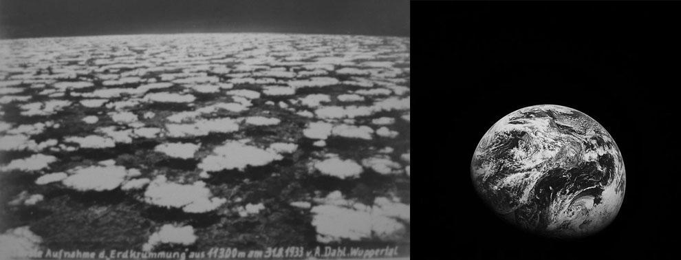Bild 3 Aufnahme am 31. 08. 1933 aus 11 300m Höhe durch Alexander Dahl (Plattenkamera, f=145 mm). Rechts eine Aufnahme der Apollo 8 am 08. 12 1968. (Wikimedia Commons & Nasa Public Domain). 2.