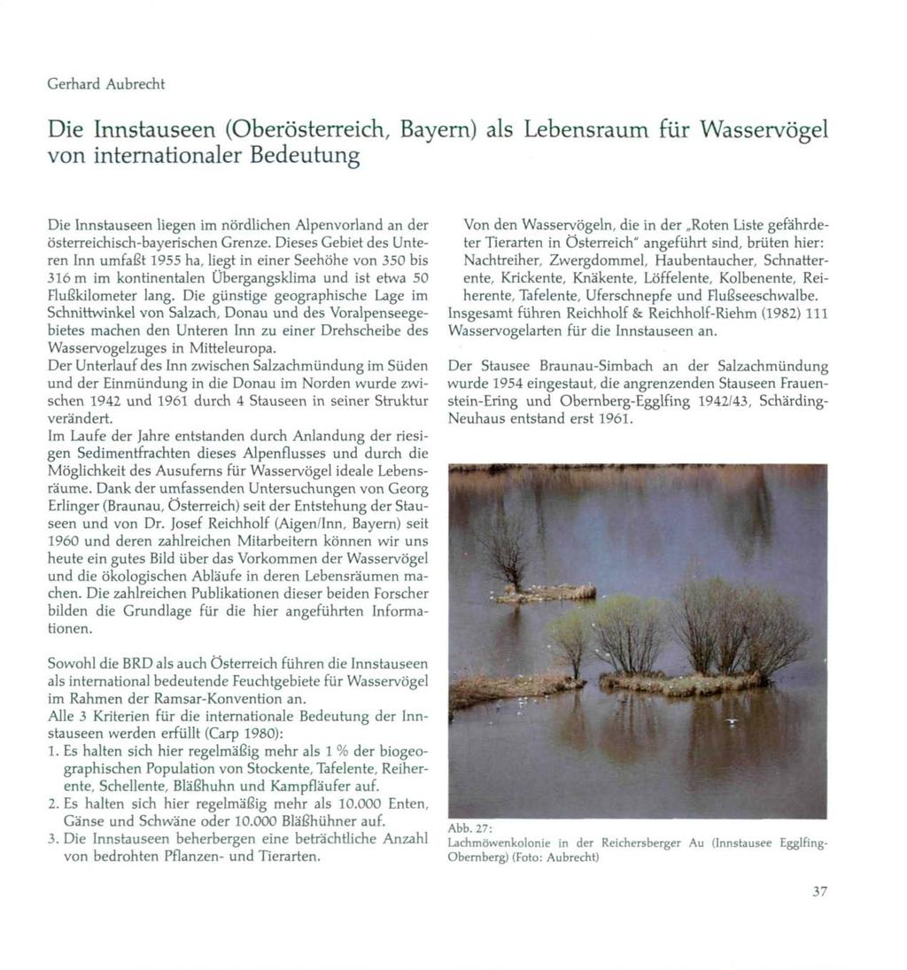 Gerhard Aubrecht Die Innstauseen (Oberösterreich, Bayern) als Lebensraum für Wasservögel von internationaler Bedeutung Die Innstauseen liegen im nördlichen Alpenvorland an der