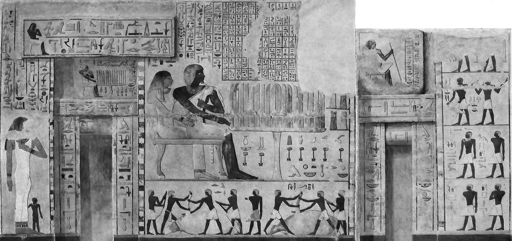 Links der südlichen Scheintür steht die Mutter des Grabherrn mit ihrem Sohn. Abb. aus Hermann Junker, Giza III, Taf. I Links: Aquarell eines Teils der Ostwand der Opferkammer Seschemnofers III.