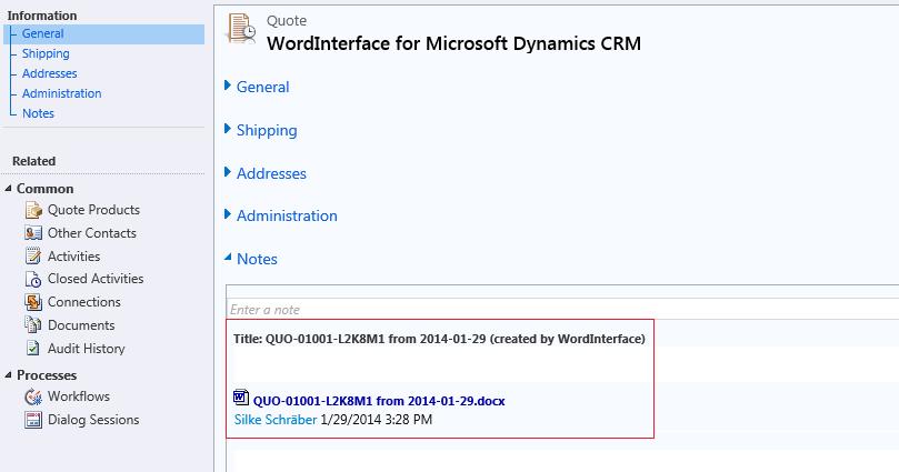 3.2. The Word-CRM-Upload As described in point 3.1.1, the user can choose in the configuration between the upload categories note, letter or on SharePoint.
