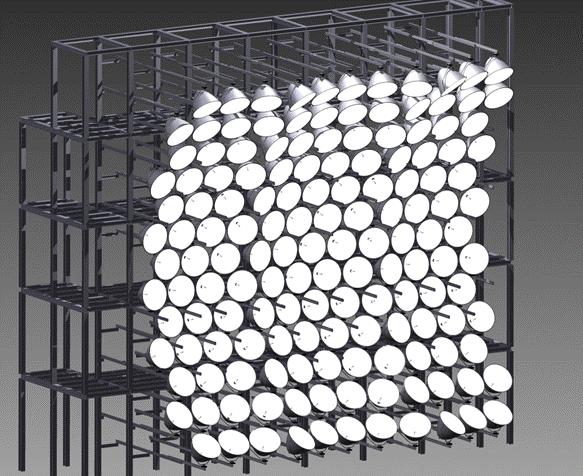 Die konzentrierte Sonnenenergie wird auf eine Platte projiziert auf der der aufgebrachte Mondstaub Schicht für Schicht in die gewünschte Struktur gesintert wird.