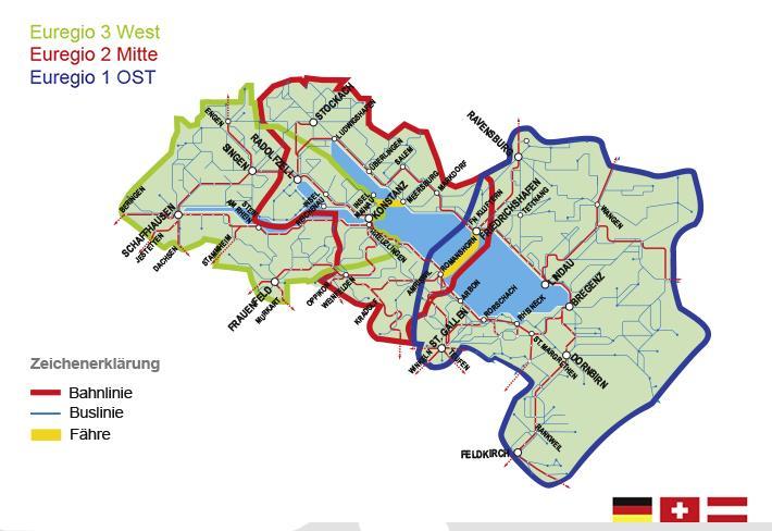 Die Tageskarte Euregio Bodensee gilt in allen fahrplanmäßigen, der allgemeinen Personenbeförderung dienenden Zügen innerhalb des Geltungsbereichs der gewählten Zonen.