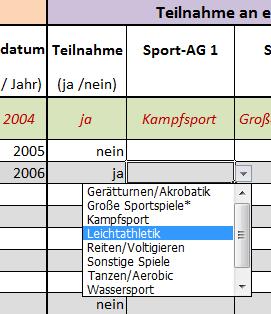 Teilnahme Sport-AG : Kategorien "ja / nein" Die Eingabe Ihrer Daten erfolgt über Auswahl- Buttons.