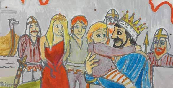 Malerei in Nólsoy Schule. Schulkinder haben in Zusammenarbeit mit dem Künstler Eli Smith gemalt. hierbei um König James handelte, der lange nach seiner Tochter gesucht hatte.