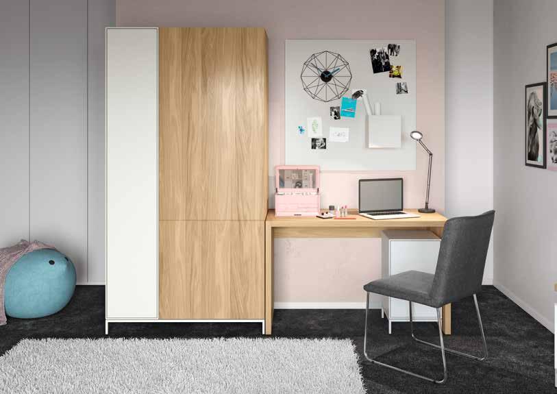 The multi-functional wardrobe and the storage module offer space for clothes, documents and utensils. The desk is perfect for working, reading and being creative. The now!