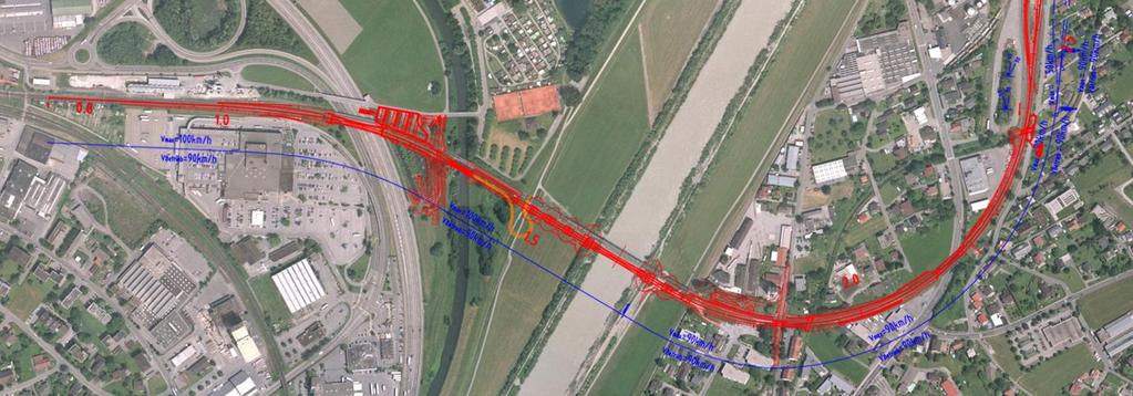 Neubau Rheinbrücke: Hebung 2,20m (SOK) / 2,01m (KUK) in 12m abgerückter südlicher Lage Folgemaßnahmen: Geschwindigkeitserhöhung im Lustenauer Bogen