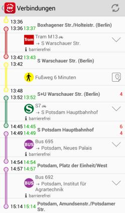 Die beiden linken Screenshots zeigen die Abfahrts- und Verbindungsauskunft der App VBB Bus&Bahn des Verkehrsverbundes Berlin-Brandenburg GmbH.