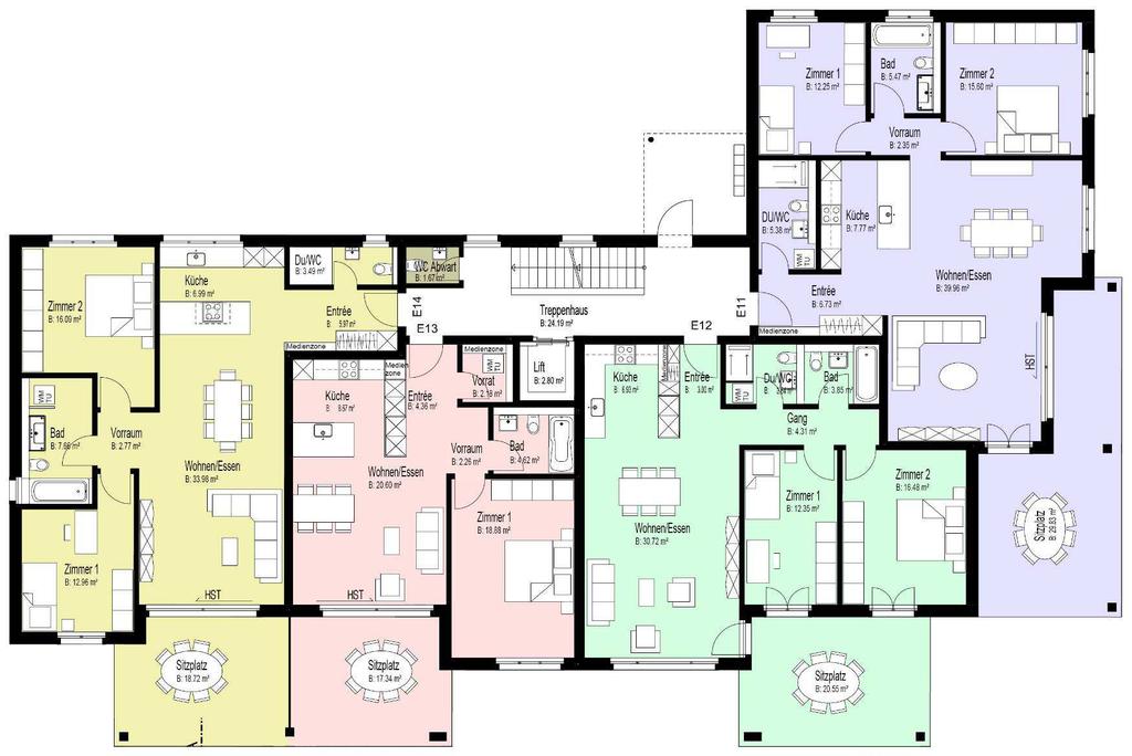 Grundrissplan Haus E (7a) EG / 1.OG 0 1 2 3 4 5 m Massstab 1 : 150 E14 EG / E24 1.OG Netto-Wohnfläche 90 m2 Sitzplatz/Balkon 18.7/17.5 m2 E13 EG / E23 1.OG 2.
