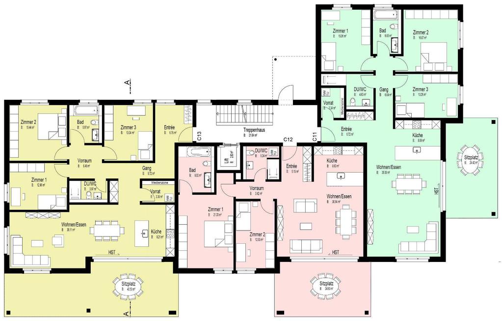 Grundrissplan Haus C (11b) EG / 1.OG 0 1 2 3 4 5 m Massstab 1 : 150 C13 EG / C23 1.OG 4.5-Zimmer-Wohnung Netto-Wohnfläche 121 m2 Sitzplatz/Balkon 40.5/37.
