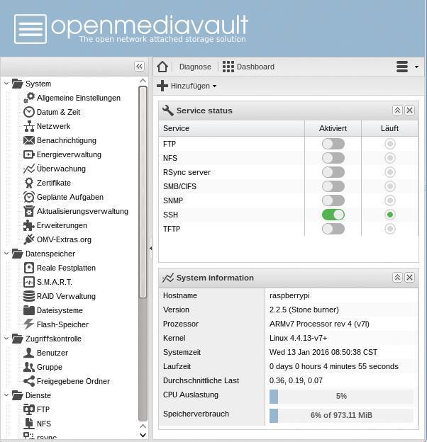 OpenMediaVault Server sowie die lediglich per USB-2.0-Bus anzuschließenden Massenspeicher ins Gewicht. Zudem teilen sich diese Schnittstellen beim RasPi einen internen USB- Bus.