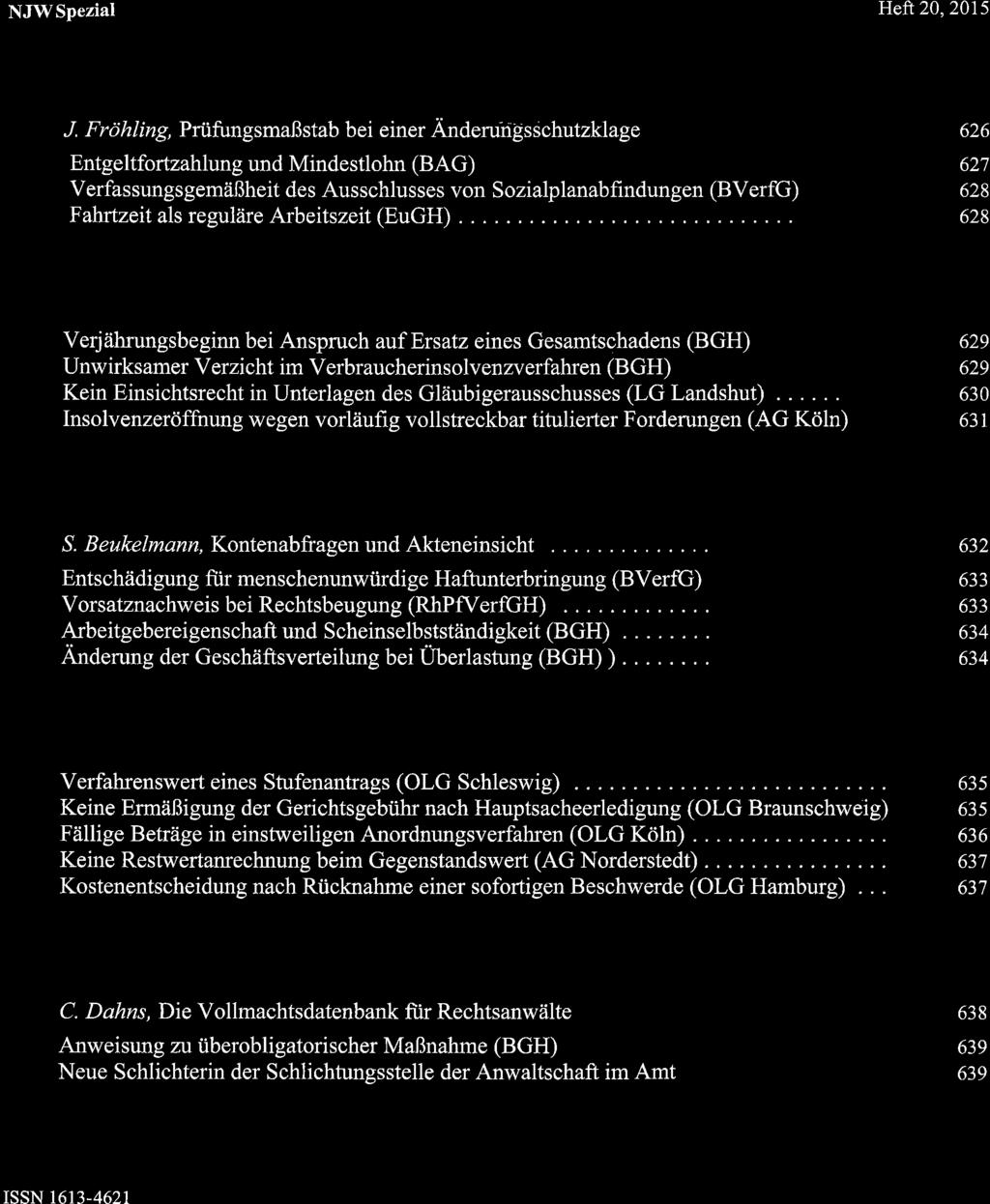 NJWSpezial,t\ r?: :.' ì.-'r,.',.î.' '.' Heft20,2015 Arbeitsrecht Von Marcel und Robert von Steinau-Steinrück J.