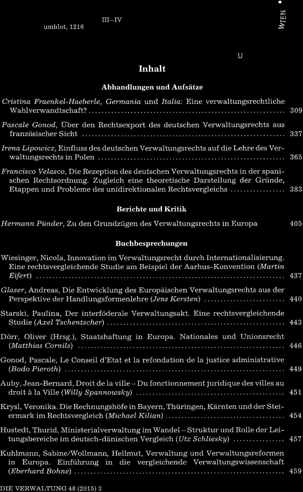 7 015 III_IV umblot, 1216 a Z LLJ È Inhalt U Abhandlungen und Aufsätze Cristino Fraenkel-Haeberle, Germani,a und Itali,a.' Eine verwaltungsrechtliche Wahlverwandtschaft?