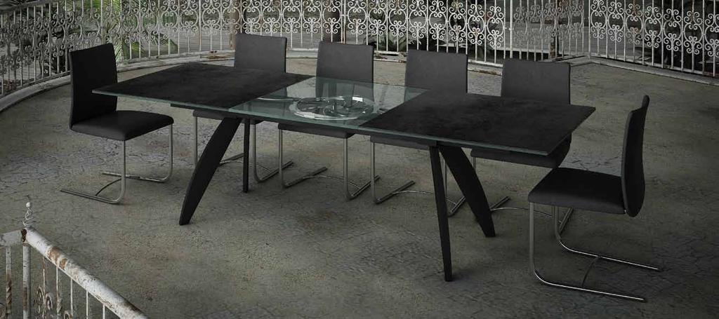 EXTENSIBLE DINING TABLE WITH GLASS OR WITH CERAMIC TOPS. LEGS IN CHROMED STEEL OR IN STRATIFIED GLASS.