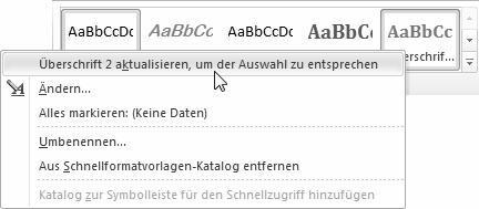 Klicken Sie im Register START, Gruppe FORMATVORLAGEN, im Listenfeld mit der rechten Maustaste auf die zu ändernde Formatvorlage.