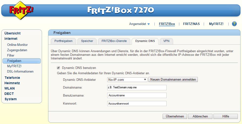 3. Einrichten des VPN Tunnels 3.1 Domainname für die FRITZ!Box Der erste Schritt bei der Einrichtung des VPN Tunnels mit der FRITZ!Box besteht darin, dem Router einen Domainnamen zuzuweisen.